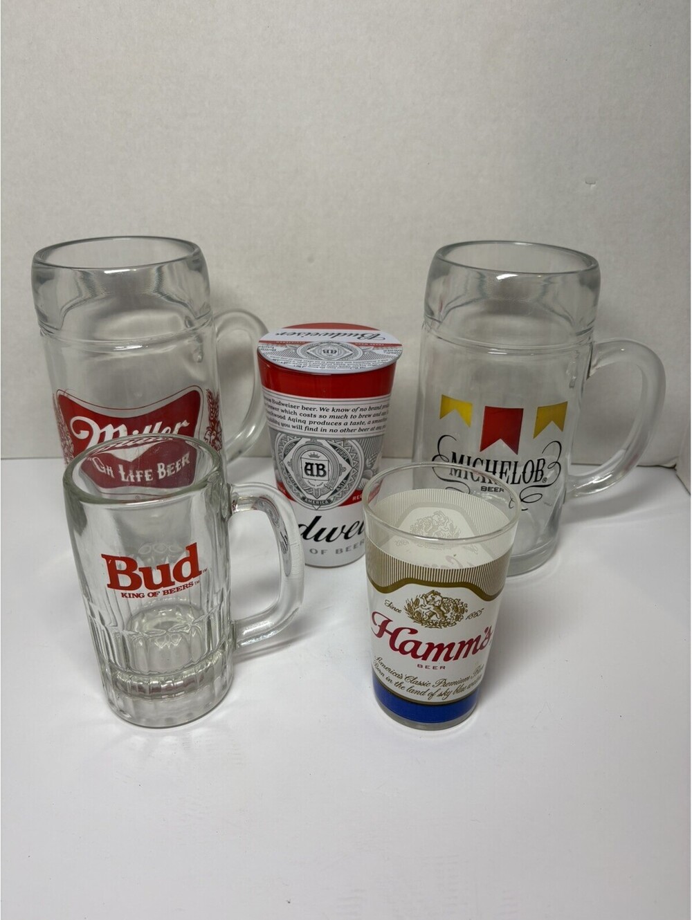 5 Vintage Glass Beer Mugs Steins Assorted Brewery Logos Designs Breweriana Lot